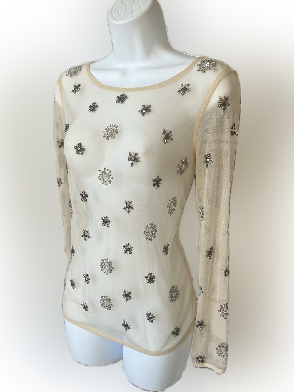Y2K Ann Taylor Cream Sheer Long-Sleeve Top with Silver Embellishments XS